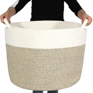 【色: レッド】大きな綿のロープバスケット、ランドリー織りバスケット 毛布/子供(バス収納)