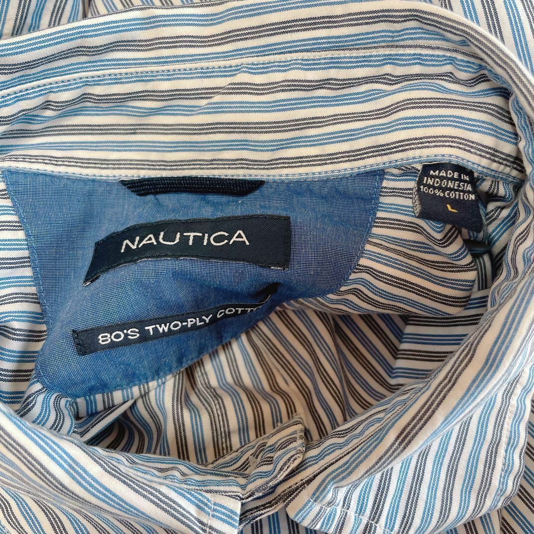 NAUTICA(ノーティカ)のノーティカ　オーバーサイズＬ　青ブルーストライプ　薄手長袖シャツ　メンズ　古着 メンズのトップス(シャツ)の商品写真