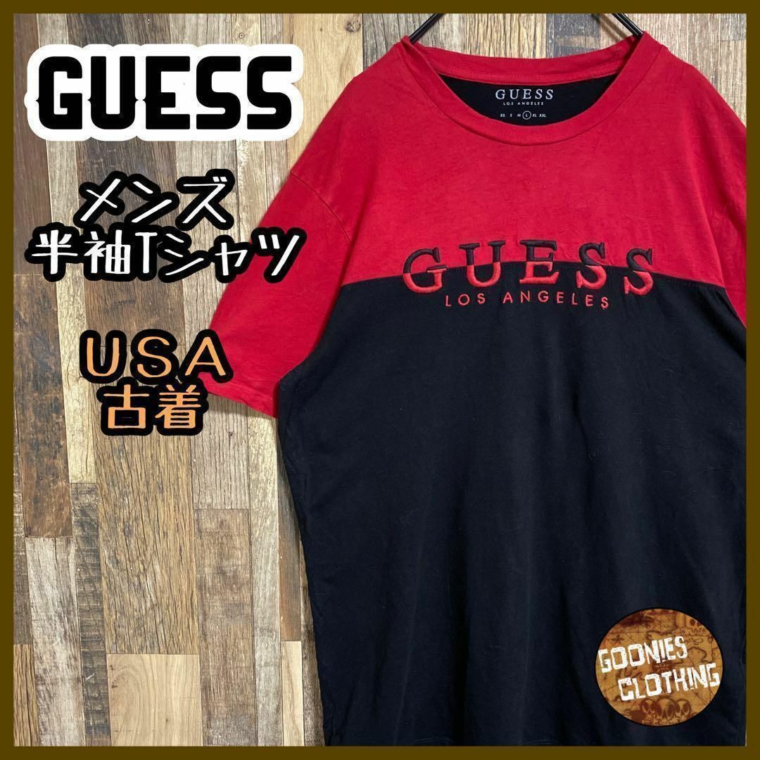 GUESS(ゲス)のGUESS メンズ 半袖 Tシャツ 赤 黒 ロゴ L USA古着 90s メンズのトップス(Tシャツ/カットソー(半袖/袖なし))の商品写真