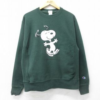 チャンピオン(Champion)のM★古着 長袖 チャンピオン Champion リバースウィーブ メンズ ピーナッツ スヌーピー SNOOPY クルーネック 緑 グリーン 【spe】 24apr22 中古 スウェット スエット トレーナー トップス(パーカー)