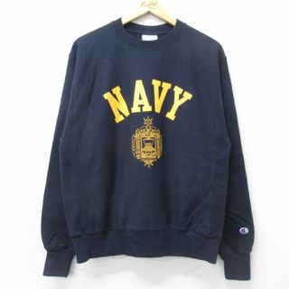 チャンピオン(Champion)のL★古着 長袖 チャンピオン Champion リバースウィーブ メンズ ミリタリー ネイビー NAVY 紺 【spe】 24apr22 中古 スウェット スエット トレーナー トップス(パーカー)