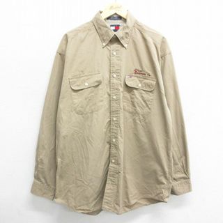 トミーヒルフィガー(TOMMY HILFIGER)のXL★古着 トミーヒルフィガー TOMMY HILFIGER 長袖 ブランド シャツ メンズ 90年代 90s ワンポイントロゴ 大きいサイズ コットン ボタンダウン ベージュ カーキ 24apr22 中古 トップス(シャツ)