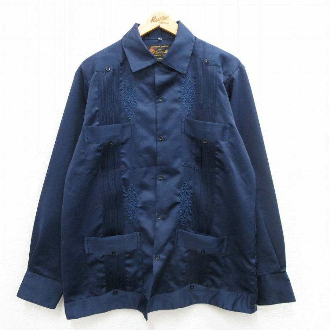 L☆古着 長袖 キューバ シャツ メンズ 00年代 00s 刺繍 紺 L☆古着 長袖 キューバ シャツ メンズ 00年代 00s 刺繍 紺