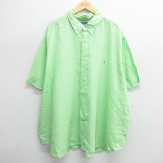 ラルフローレン(Ralph Lauren)のXL★古着 ラルフローレン Ralph Lauren 半袖 ブランド シャツ メンズ 90年代 90s ワンポイントロゴ ロング丈 大きいサイズ リネン ボタンダウン 黄緑 【spe】 24apr22 中古 トップス(シャツ)