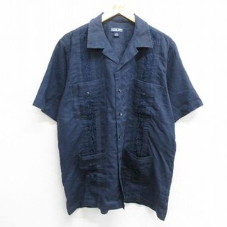 ランズエンド(LANDS’END)のL★古着 ランズエンド 半袖 キューバ シャツ メンズ 00年代 00s 刺繍 リネン 紺 ネイビー 【spe】 24apr22 中古 トップス(シャツ)