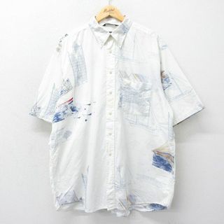 ノーティカ(NAUTICA)のXL★古着 ノーティカ NAUTICA 半袖 ブランド シャツ メンズ 90年代 90s 船 大きいサイズ ロング丈 コットン ボタンダウン 白 ホワイト 24apr22 中古 トップス(シャツ)