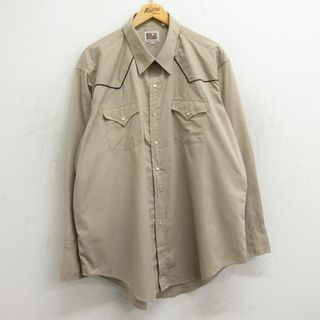 XL★古着 ELY 長袖 ウエスタン シャツ メンズ 90年代 90s 大きいサイズ ロング丈 ベージュ カーキ 24apr22 中古 トップス(シャツ)