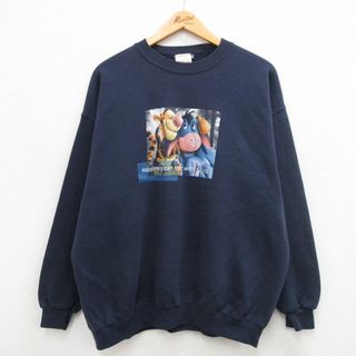 ディズニー(Disney)のXL★古着 長袖 スウェット メンズ 00年代 00s ディズニー DISNEY くまのプーさん ティガー ワンポイントロゴ 紺 ネイビー 24apr22 中古 スエット トレーナー トップス(パーカー)