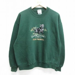 XL★古着 長袖 スウェット メンズ 90年代 90s ダックスアンリミテッド 犬 刺繍 クルーネック USA製 緑 グリーン 【spe】 24apr22 中古 スエット トレーナー トップス(パーカー)