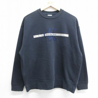 シーケーカルバンクライン(ck Calvin Klein)のL★古着 カルバンクライン Calvin Klein 長袖 スウェット メンズ 90年代 90s ビッグロゴ クルーネック USA製 紺 ネイビー 【spe】 24apr22 中古 スエット トレーナー トップス(パーカー)