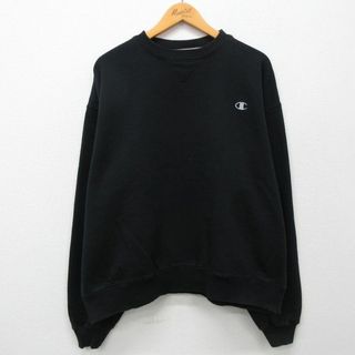 チャンピオン(Champion)のXL★古着 チャンピオン champion 長袖 スウェット メンズ ワンポイントロゴ 大きいサイズ クルーネック 黒 ブラック 24apr22 中古 スエット トレーナー トップス(パーカー)