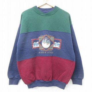 XL★古着 長袖 スウェット メンズ 90年代 90s HIDDEN ACRES シカ マルチカラー クルーネック USA製 紺他 ネイビー 【spe】 24apr22 中古 スエット トレーナー トップス(パーカー)