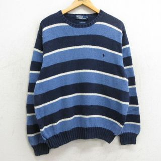 ラルフローレン(Ralph Lauren)のXL★古着 ラルフローレン Ralph Lauren 長袖 ブランド セーター メンズ 90年代 90s ワンポイントロゴ コットン クルーネック 紺他 ネイビー ボーダー 24apr22 中古 ニット トップス(ニット/セーター)