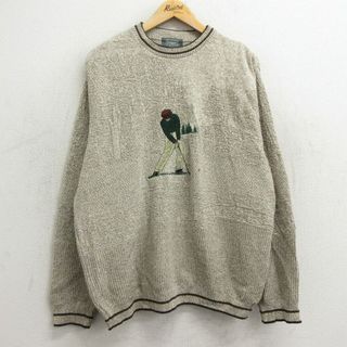 XL★古着 長袖 セーター メンズ 90年代 90s ゴルフ 刺繍 クルーネック USA製 ベージュ他 カーキ 24apr22 中古 ニット トップス(ニット/セーター)