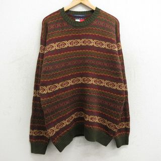 トミーヒルフィガー(TOMMY HILFIGER)のXL★古着 トミーヒルフィガー TOMMY HILFIGER 長袖 ブランド セーター メンズ 90年代 90s フェアアイル コットン クルーネック 濃緑他 グリーン 24apr22 中古 ニット トップス(ニット/セーター)