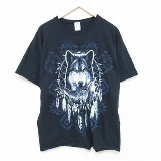 FRUIT OF THE LOOM - XL★古着 フルーツオブザルーム 半袖 Tシャツ メンズ オオカミ コットン クルーネック 濃紺 ネイビー 24apr22 中古