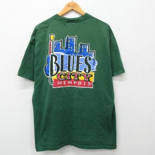 ヘインズ(Hanes)のXL★古着 ヘインズ Hanes 半袖 ビンテージ Tシャツ メンズ 00年代 00s BLUES 建物 コットン クルーネック 緑 グリーン 24apr22 中古(Tシャツ/カットソー(半袖/袖なし))