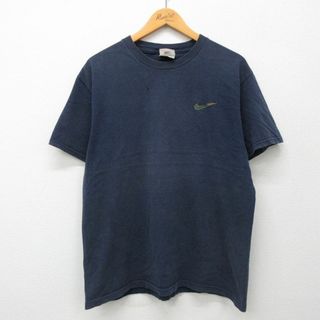 ナイキ(NIKE)のL★古着 ナイキ NIKE 半袖 ビンテージ Tシャツ メンズ 90年代 90s ワンポイントロゴ コットン クルーネック USA製 紺 ネイビー 24apr22 中古(Tシャツ/カットソー(半袖/袖なし))