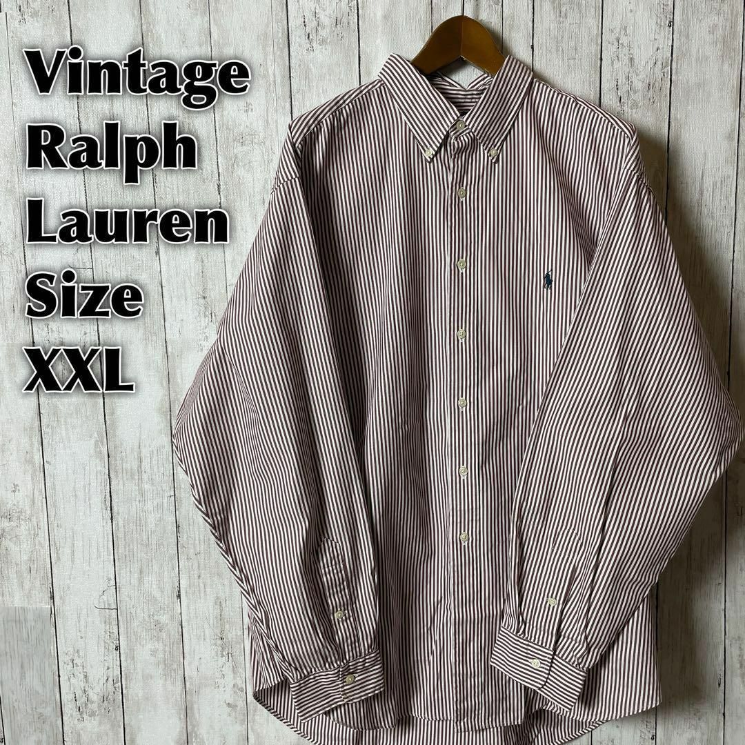 Ralph Lauren(ラルフローレン)のビッグサイズＢＤ長袖シャツ　薄手ストライプ　マルーンボルドー　2ＸＬ　メンズ古着 メンズのトップス(シャツ)の商品写真