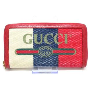 グッチ(Gucci)のGUCCI(グッチ) 長財布 グッチプリント 524790 レッド×アイボリー×ネイビー ラウンドファスナー キャンバス×レザー(財布)