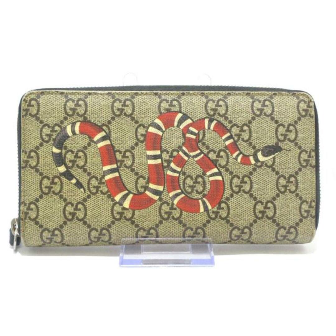 Gucci(グッチ)のGUCCI(グッチ) 長財布 スネークプリント GGスプリームキャンバス ジップアラウンドウォレット 451273 ベージュ×ダークブラウン×マルチ ラウンドファスナー PVC(塩化ビニール)×レザー レディースのファッション小物(財布)の商品写真