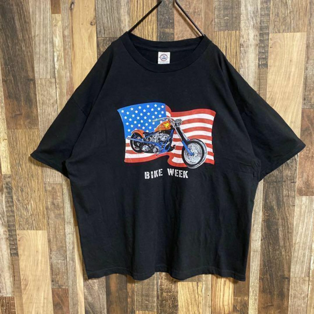 メンズ ブラック Tシャツ アメリカ 国旗 バイク アメリカン USA古着 半袖 メンズのトップス(Tシャツ/カットソー(半袖/袖なし))の商品写真