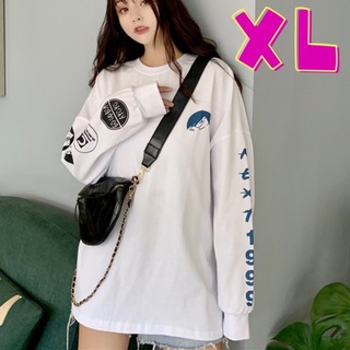 残りわずか！XL ゆったりトップス 体型カバー ロゴ ホワイト 白 韓国 個性派(カットソー(長袖/七分))