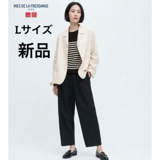 ユニクロ(UNIQLO)のUNIQLO イネス リネンコットンギャザーワイドパンツ  黒　Lサイズ　新品(カジュアルパンツ)