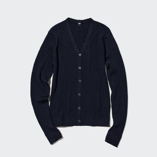 ユニクロ(UNIQLO)の【美品】エクストラファインメリノリブショートカーディガン　（長袖）　ネイビー　S(カーディガン)