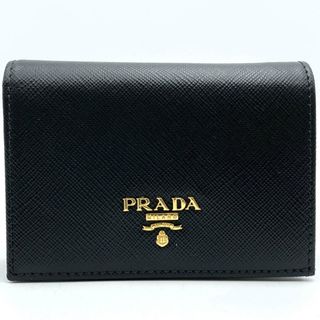 プラダ(PRADA)の美品 プラダ 二つ折り財布 コンパクトウォレット スモールウォレット コインケース ロゴ入り ブラック レザー レディース PRADA【中古】(財布)