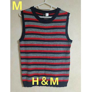 エイチアンドエム(H&M)の美品 H&M 袖なし ニット トップス ボーダー 赤 丸首 春秋 M ミドル丈(ニット/セーター)