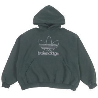 バレンシアガ(Balenciaga)の良品□BALENCIAGA バレンシアガ adidas アディダス 23SS 712396 コットン トレフォイル ロゴ刺繍 ラージフィット プルオーバー フーディー パーカー ダークグリーン 2 箱付き 正規品 メンズ(パーカー)