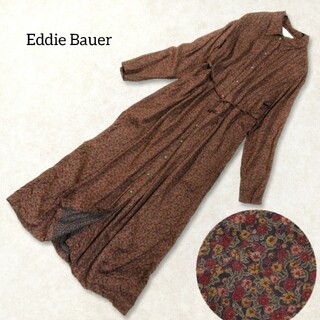 Eddie Bauer - エディーバウアー ✿ 花柄 ロング シャツワンピース S ブラウン 長袖 小花柄