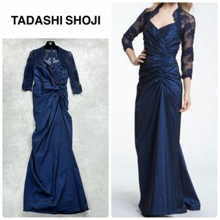 Tadashi Shoji　レースタフタギャザーロングドレス　ネイビー系(その他ドレス)