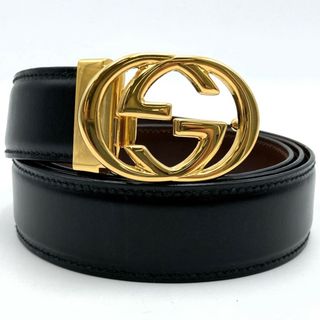 グッチ(Gucci)のグッチ ベルト インターロッキングG ブラック ゴールド金具 レザー メンズ レディース 036 01 GUCCI【中古】(ベルト)