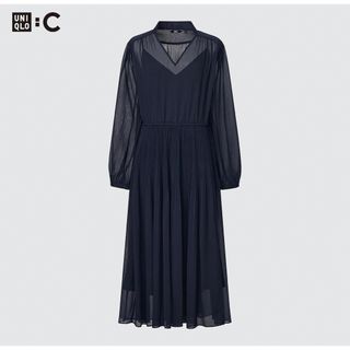 ユニクロ(UNIQLO)のユニクロ　C  シフォンプリーツワンピース ネイビー　新品タグ付き　売切れ商品(ロングワンピース/マキシワンピース)