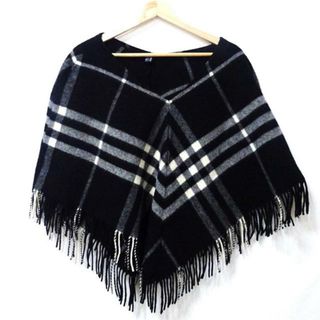 Burberry LONDON(バーバリーロンドン) ポンチョ レディース美品  - 黒×アイボリー チェック柄/フリンジ/秋/冬(ポンチョ)