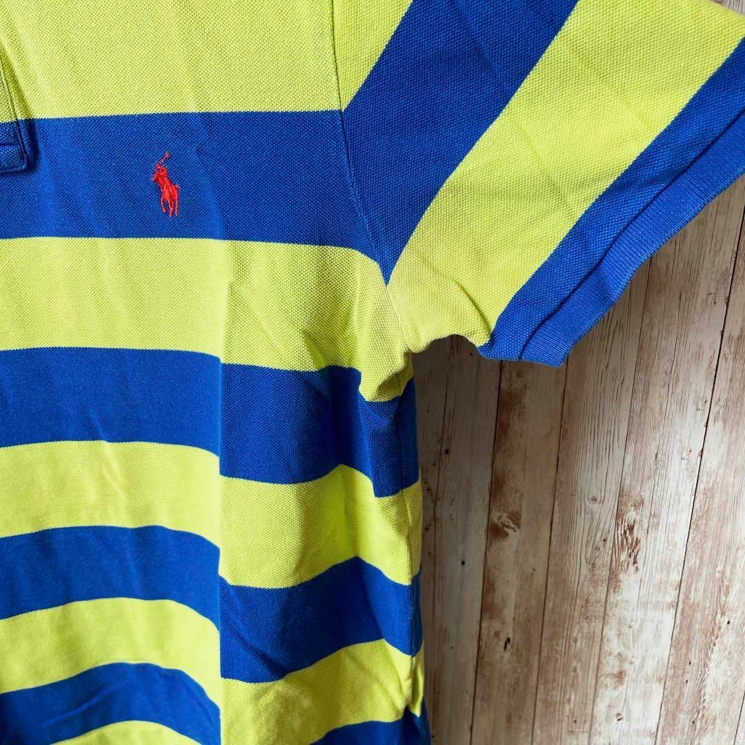 POLO RALPH LAUREN(ポロラルフローレン)のラルフローレン　太ボーダー　サイズＬ　青黄緑バイカラー　鹿の子　メンズ　古着. メンズのトップス(ポロシャツ)の商品写真