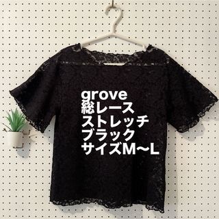 グローブ(grove)の【美品】grove 総レースストレッチ素材ブラック　カットソー(カットソー(半袖/袖なし))