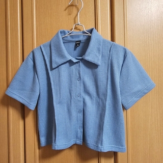 ワッフル編みTシャツ ボタン付き 青 ブルー(Tシャツ(半袖/袖なし))