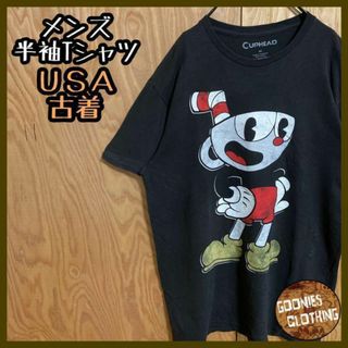 カップヘッド キャラクター Tシャツ ゲーム USA古着 半袖 メンズ ブラック(Tシャツ/カットソー(半袖/袖なし))