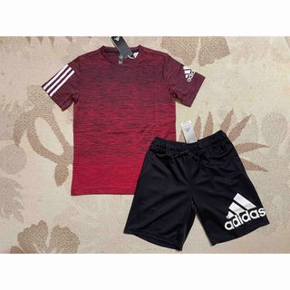 アディダス(adidas)の新品★アディダス★150★快適半袖グラデーションＴシャツ(赤)・ロゴパンツ(黒)(その他)