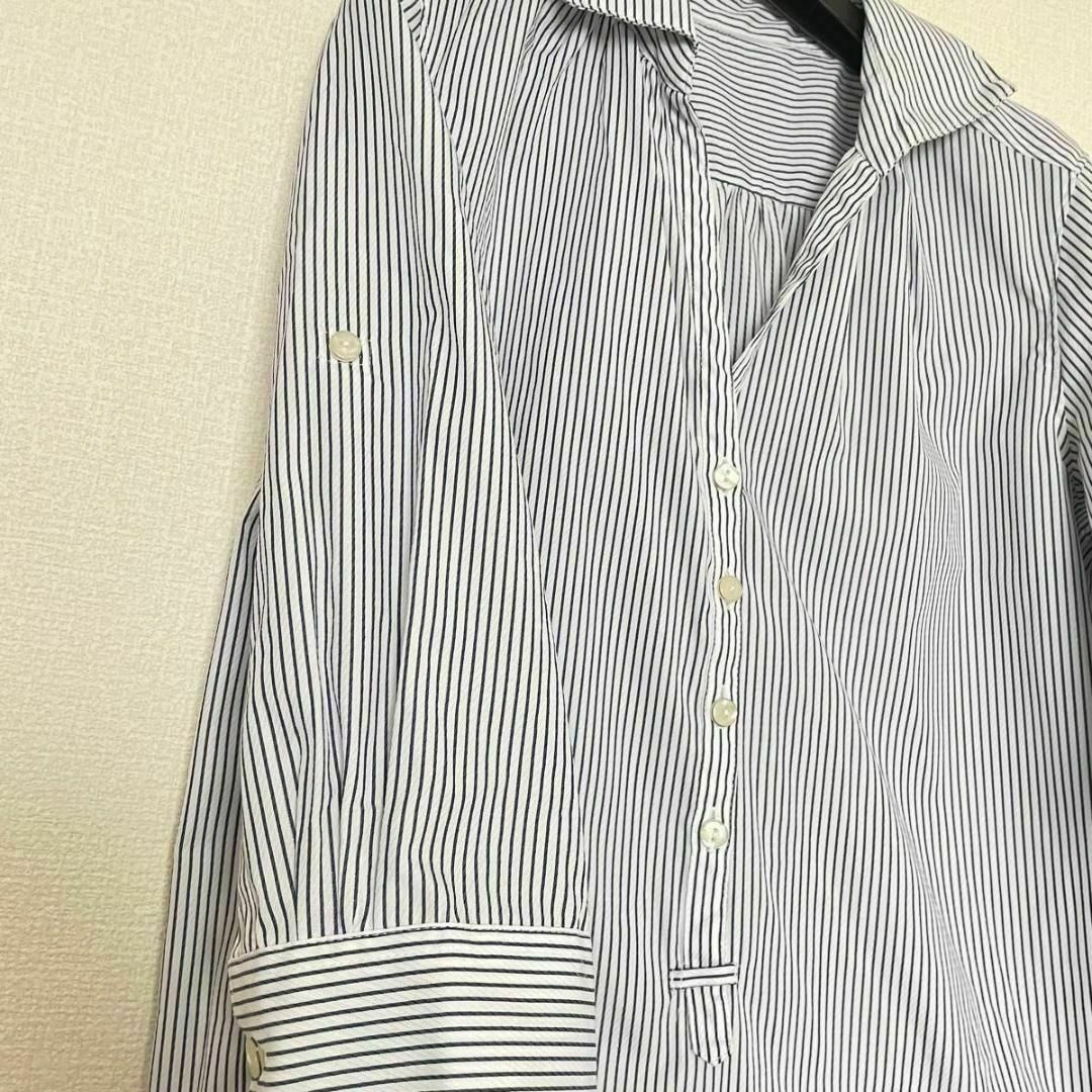 未使用 ロールアップ シャツ ストライプ M ロング丈 7分袖 ブルー レディースのトップス(シャツ/ブラウス(長袖/七分))の商品写真