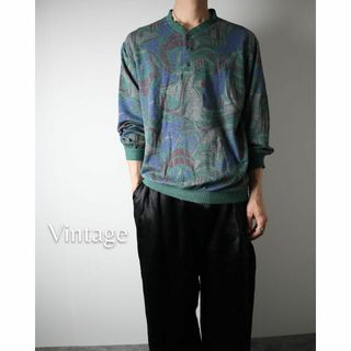 ヴィンテージ(VINTAGE)のヘンリーネック 幾何学 総柄 ハイゲージ ニット カットソー 80s 90s(Tシャツ/カットソー(七分/長袖))