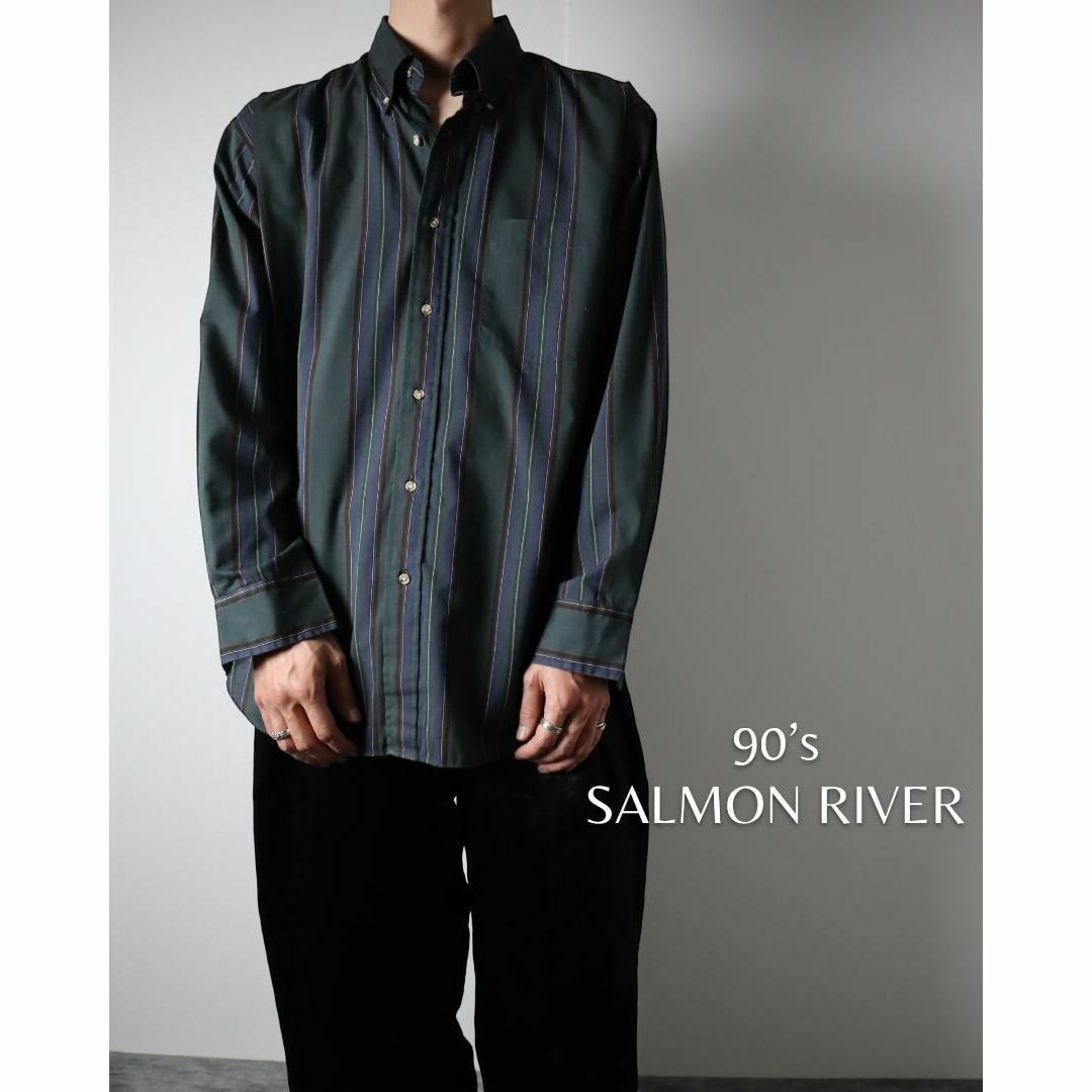 VINTAGE(ヴィンテージ)の90s SALMON RIVER マルチストライプ ボタンダウン 長袖シャツ 緑 メンズのトップス(シャツ)の商品写真