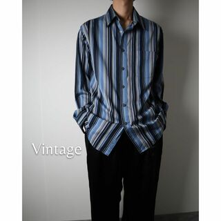 ヴィンテージ(VINTAGE)のマルチカラー ストライプ オーバーサイズ コットン 長袖シャツ 青系 90s(シャツ)