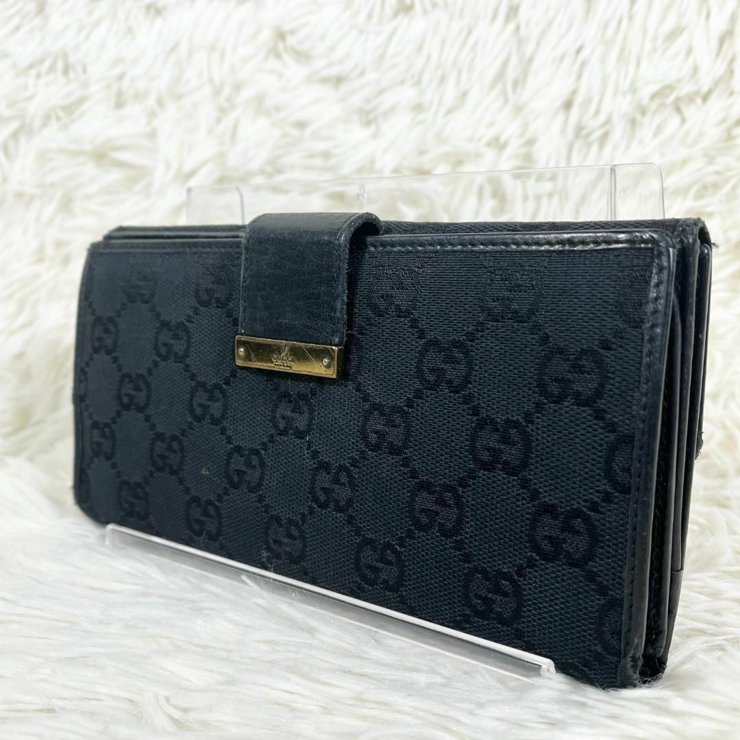 Gucci(グッチ)の⑮GUCCI ggキャンバス×レザー 2つ折り 長財布 カード・札入れ ブラック メンズのファッション小物(折り財布)の商品写真