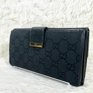 グッチ(Gucci)の⑮GUCCI ggキャンバス×レザー 2つ折り 長財布 カード・札入れ ブラック(折り財布)