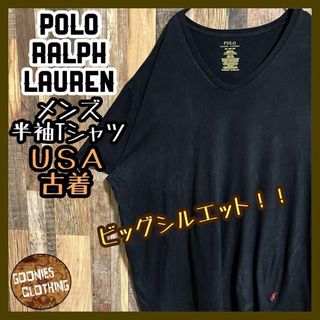 POLO RALPH LAUREN - ラルフローレン Vネック ロゴ Tシャツ ブラック 2XL 半袖 USA古着