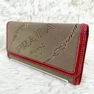 プラダ(PRADA)の㉓PRADA ビッグ ロゴ ジャガード Wホック２つ折り 長財布 キャンバス(財布)